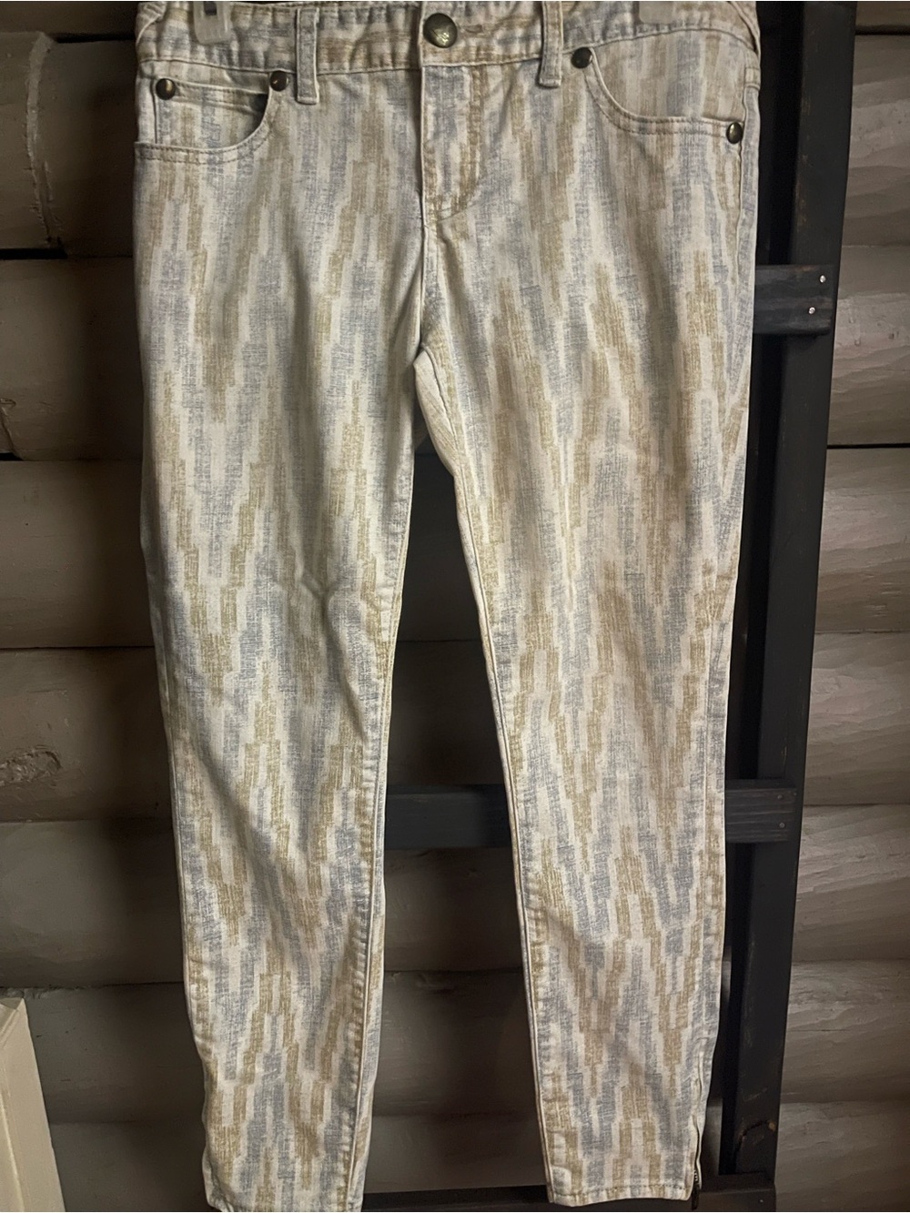 Free People Beige and Light Gray Patterned Skinny Jeans